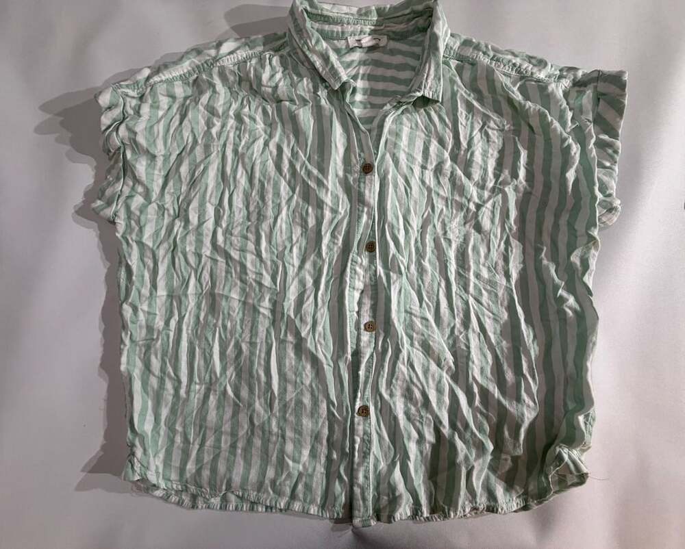 Beach Lunch Lounge Green Striped Button Up Top Size L